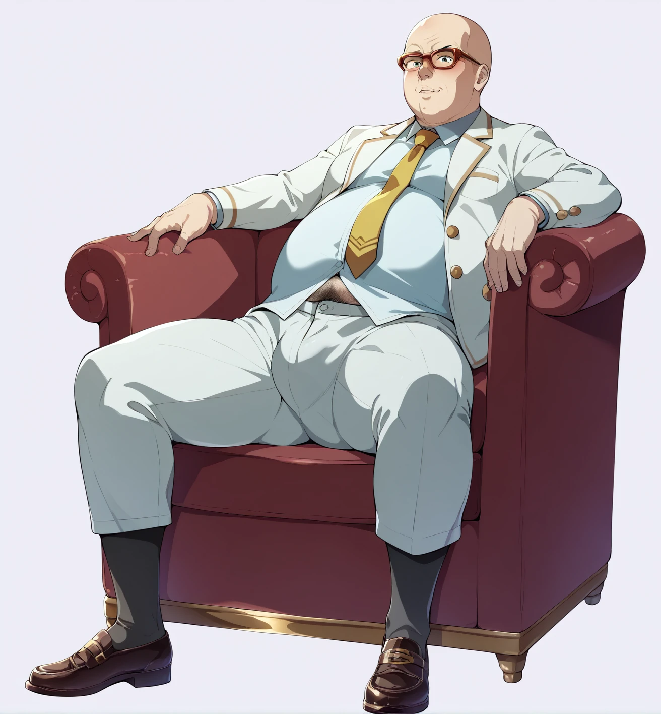 Ultra-detailed illustrations、Ultra-precise expression、masterpiece、Highest quality、ultra High resolution、High resolution、Hiromitsu Takeda Style、White background、Simple Background、sit、whole body、Luxurious sofa、Bulging crotch、Big crotch、White Suit、Black socks、One fat old man、Bald Head、No Face、solo、Leather shoes、White jacket、Gold tie、pubic hair、((Extra thick penis、Huge penis))、erection、