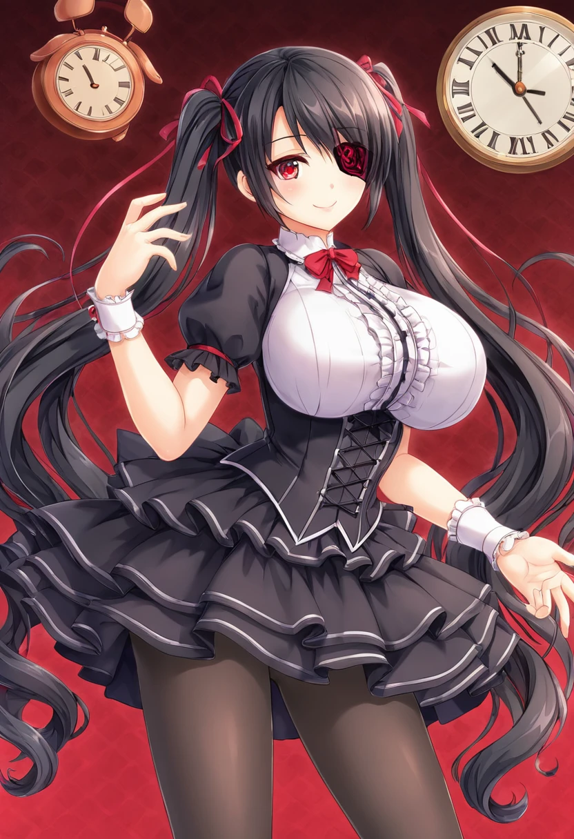 kurumitokisaki, tokisaki kurumi, (Clock Eye:1.5), Black Hair, Long Hair, Twin tails, (Hair on one eye:1.3), (Red eyes:1.5), (Large Breasts:1.4), A proud smile, Gothic, pantyhose, black pantyhose, (Cowboy Shot:1.5),(masterpiece:1.2), Highest quality, High resolution, unity 8k wallpaper, (figure:0.8), (Beautiful attention to detail:1.6), Highly detailed face, Perfect lighting, Highly detailed CG, (Perfect hands, Perfect Anatomy), cute