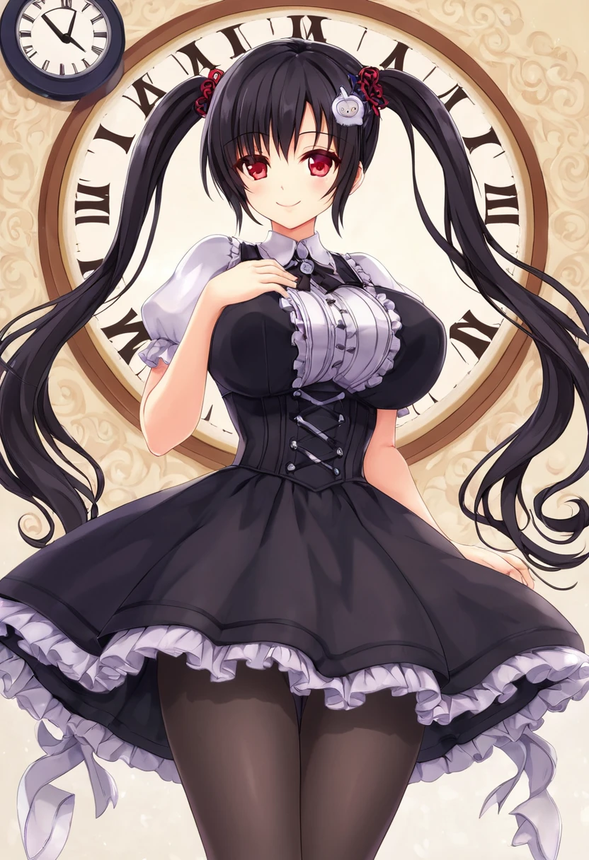 kurumitokisaki, tokisaki kurumi, (Clock Eye:1.5), Black Hair, Long Hair, Twin tails, (Hair on one eye:1.3), (Red eyes:1.5), (Large Breasts:1.4), A proud smile, Gothic, pantyhose, black pantyhose, (Cowboy Shot:1.5),(masterpiece:1.2), Highest quality, High resolution, unity 8k wallpaper, (figure:0.8), (Beautiful attention to detail:1.6), Highly detailed face, Perfect lighting, Highly detailed CG, (Perfect hands, Perfect Anatomy), cute