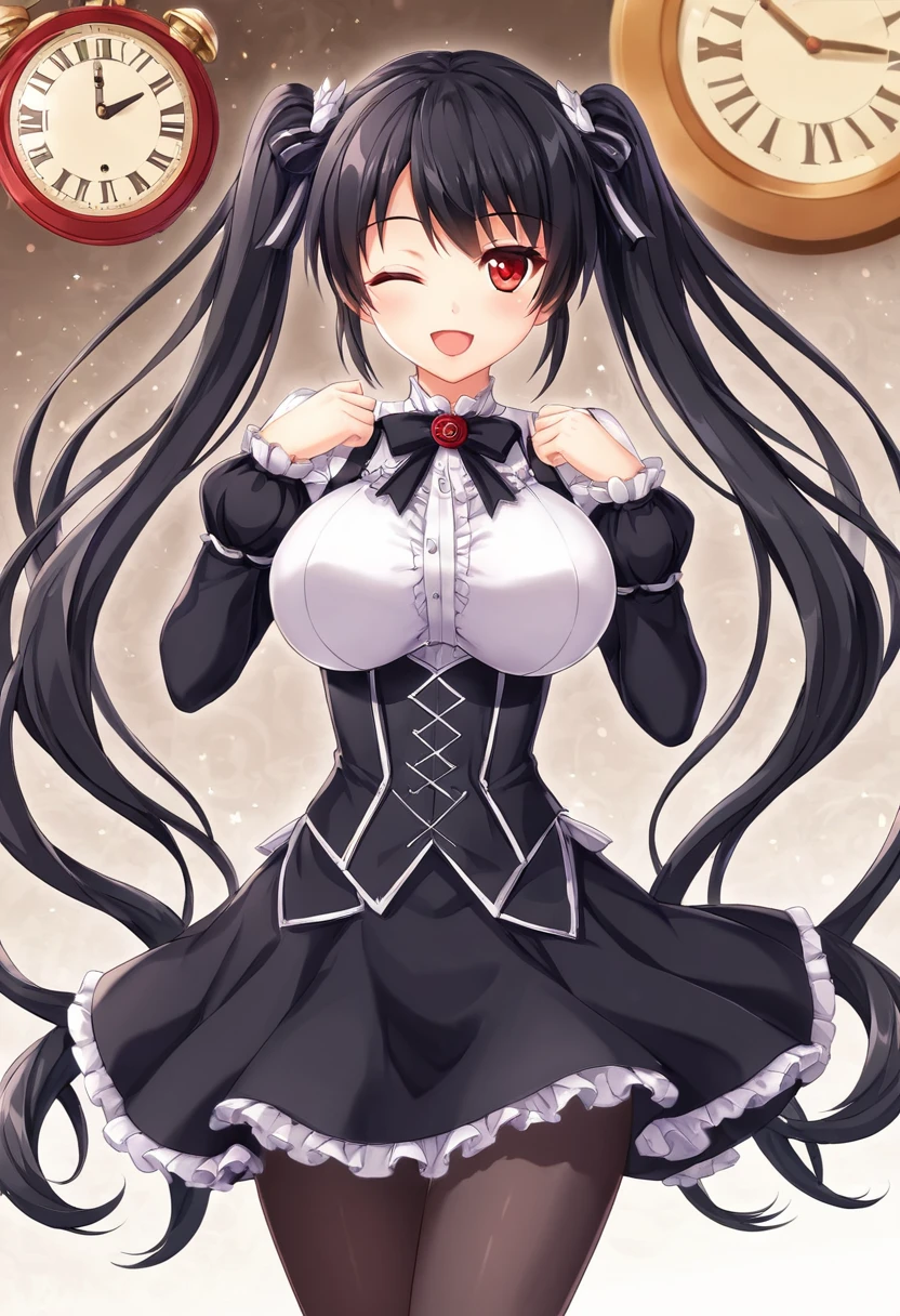 kurumitokisaki, tokisaki kurumi, (Clock Eye:1.5), Black Hair, Long Hair, Twin tails, (Hair on one eye:1.3), (Red eyes:1.5), (Large Breasts:1.4), A proud smile, Gothic, pantyhose, black pantyhose, (Cowboy Shot:1.5),(masterpiece:1.2), Highest quality, High resolution, unity 8k wallpaper, (figure:0.8), (Beautiful attention to detail:1.6), Highly detailed face, Perfect lighting, Highly detailed CG, (Perfect hands, Perfect Anatomy), cute