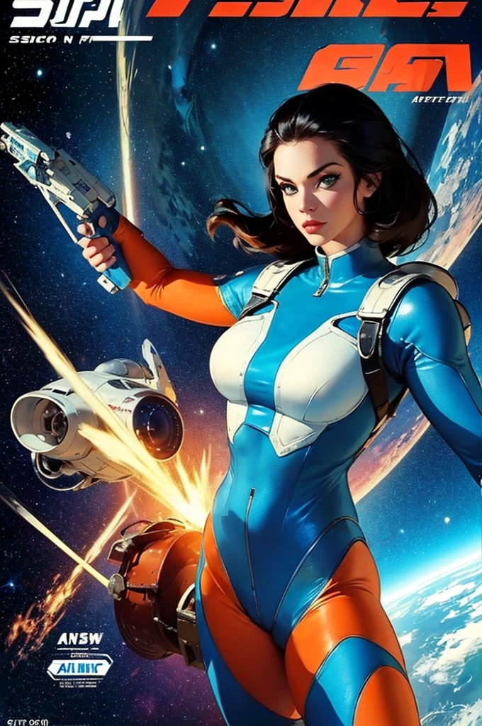 cover of an old science fiction pulp book Space Action and Adventure Space science fiction from the 1950s with Alison Tyler as a sexy spacegirl with your jetpack and flying saucer, imagem perfeita