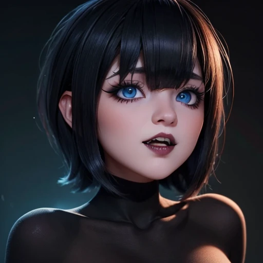 Huge monster girl vampire, teeth fangs ,blue eyes short hair with bangs style bob perfect detailed perfect gothic makeup eyeliner voluminous lips upturned big tits, perfect face beautiful face and perverted look wiewer. Wallpaper 