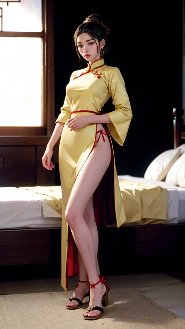 A female empress, with yellow eyes, white militar short hair, with a young face. slim muscular body, but well proportioned. Traditional Chinese imperial clothing dress decorated in gold with black details, red hanafuda earrings, red skirt, black string sandal. meditating on a bed in an ancient Chinese room, with the moon and stars in the window in the background and with flashes of light reflecting on your body. High definition.Sexy anime in 4K, full-body photos, sensual poses,