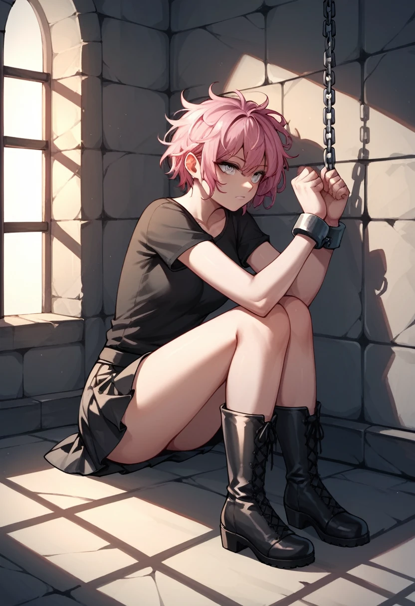 score_9, score_8_up, score_7_up, score_6_up, score_5_up, score_4_up, source_anime, 1girl,s, pink hair,short hair, white eyes, w-w-chain, shackles, messy hair, black shirt, skirt, black boots, over the knee boots,lace-up boots, evening, dungeon, best quality, best res, 4K UHD,