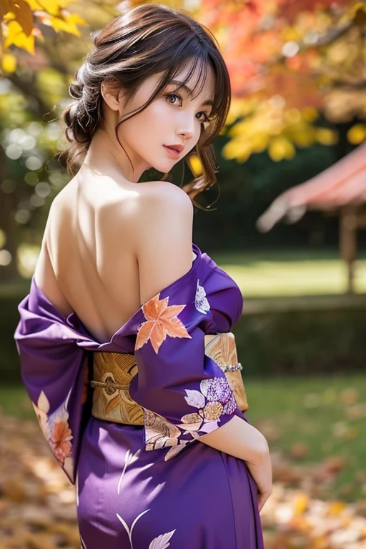 Bra is visible、Nipples are visible、(masutepiece:1.3, Photorealsitic:1.4, 8K), top-quality, masterpiece, 超A high resolution, Professional camera work, Grow Light Effect, Realistic portrait, Cinematic Light, Highly detailed skin and facial texture:1.3, Perfect dynamic composition, The ultra-detailed, A detailed eye, Detailed limbs, autumnal, Autumn leaves landscape in the evening:1.2, 1girl in, Cute sexy 23 year old slim woman, Fair skin, Autumn leaves are dancing:1.2, (Enraptured look:0.9, Totally captivates you:1.0), (Backshots, Calm pose), (Purple kimono:1.31 off shoulder), (voluptuous breasts:0.9), (Beautiful blue eyes, Eyes that feel beautiful eros:0.85), Sexy face:0.4, (A mouthfeel that feels beautiful eros:0.85), ((Too cute beauty:0.9))