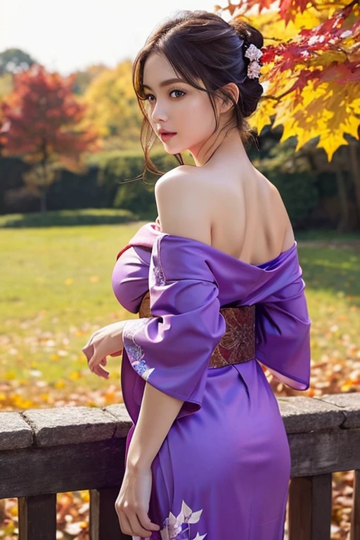 Bra is visible、Nipples are visible、(masutepiece:1.3, Photorealsitic:1.4, 8K), top-quality, masterpiece, 超A high resolution, Professional camera work, Grow Light Effect, Realistic portrait, Cinematic Light, Highly detailed skin and facial texture:1.3, Perfect dynamic composition, The ultra-detailed, A detailed eye, Detailed limbs, autumnal, Autumn leaves landscape in the evening:1.2, 1girl in, Cute sexy 23 year old slim woman, Fair skin, Autumn leaves are dancing:1.2, (Enraptured look:0.9, Totally captivates you:1.0), (Backshots, Calm pose), (Purple kimono:1.31 off shoulder), (voluptuous breasts:0.9), (Beautiful blue eyes, Eyes that feel beautiful eros:0.85), Sexy face:0.4, (A mouthfeel that feels beautiful eros:0.85), ((Too cute beauty:0.9))