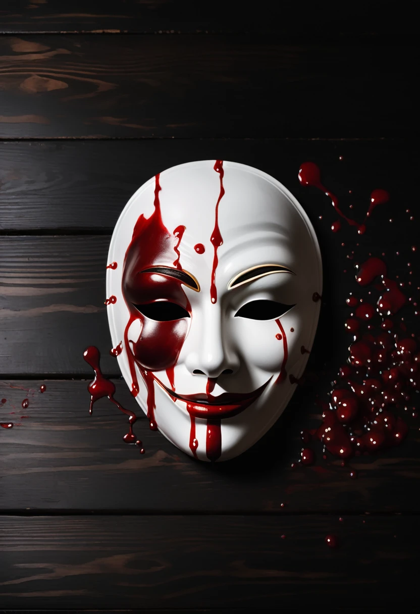 Just a white faceless theatrical mask stained with blood, on top of a black wooden table.