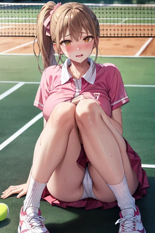 High resolution, woman, High detail, Obscene, transformation, Japanese、Shiny skin, White skin, Beautiful Hair, Beautiful Face, Beautiful attention to detail, Golden Eyes, (Long Hair:1.7, Side Ponytail:1.5, Light brown hair), Baby Face, (No nudity),Beautiful body, Beautiful breasts, Beautiful thighs, Beautiful feet, Large Breasts:0.5, Captivating thighs, Bare abdomen, ((Pink tennis uniform, Short sleeve, shirt, skirt, socks, Tennis shoes), White panties), Thick thighs, Nice long legs, lipstick, Detailed face, Pretty face, Embarrassed and blushing face,Desperate face、 Humiliated, ((Inner thighs)),As if looking up from below、(Knees to chest)、((Drenched in sweat))