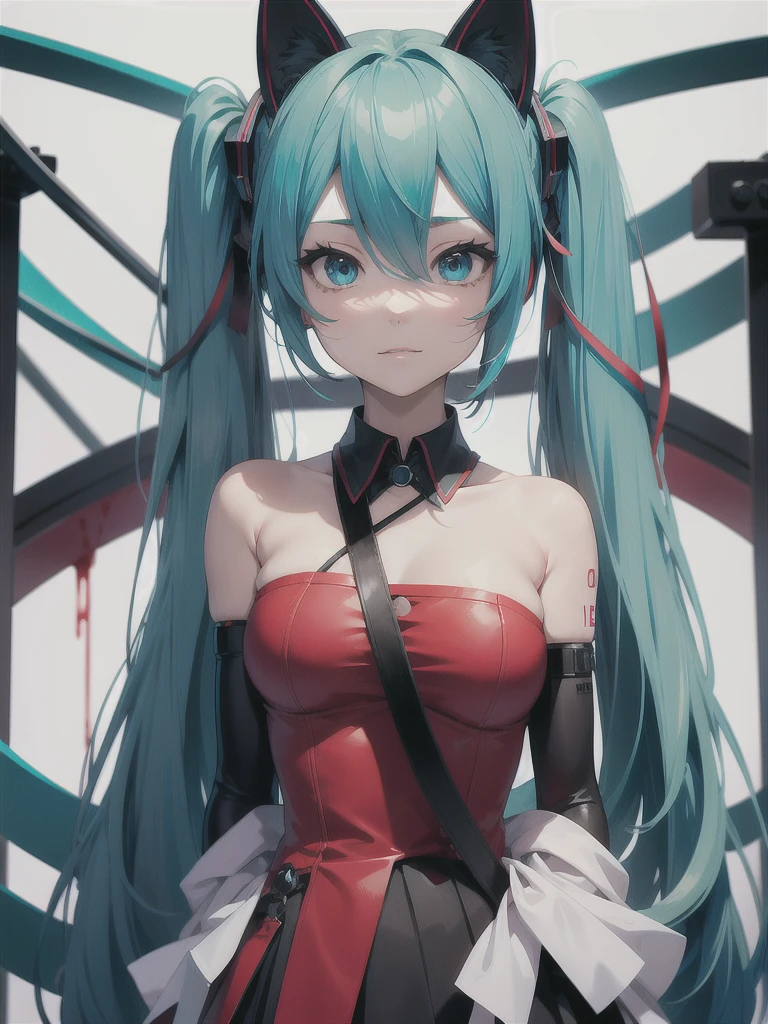 hatsune miku, red hair, psychopath face, blood, cat ears, big tits