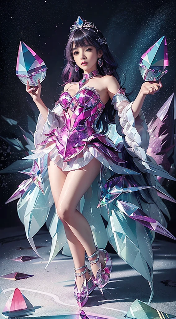 (Masterpiece), (Best quality), Extremely detailed, illustration, ((1girll)), (colorful crystals:1.5),(Wear crystal shoes:1.5),(colorfulhair:1.2),(Colorful dresses),High chiaroscuro,(full bodyesbian:1.5)little girl baby baby chibi anime
