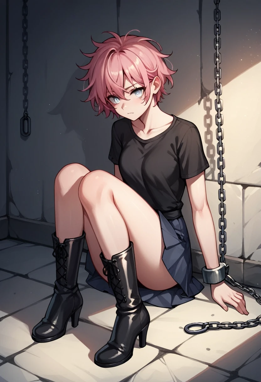 score_9, score_8_up, score_7_up, score_6_up, score_5_up, score_4_up, source_anime, 1girl,14 years, pink hair,short hair, white eyes, w-w-chain, shackles, messy hair, black shirt, skirt, black boots, over the knee boots, heels, evening, dungeon, best quality, best res, 4K UHD,