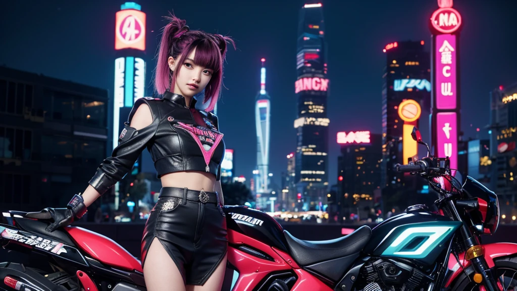 masterpiece, best quality, Confident cyberpunk girl, full body shot, ((standing in front of motorcycle)), Harajuku-inspired pop outfit, bold colors and patterns, eye-catching accessories, trendy and innovative hairstyle, vibrant makeup, Cyberpunk dazzling cityscape, skyscrapers, neon signs, LED lights, bright and vivid color scheme, anime, villain, illustration, detailed skin texture, detailed cloth texture, beautiful detailed face, intricate details, ultra detailed.