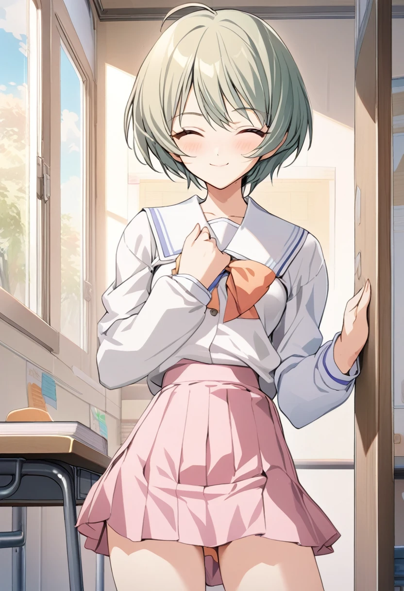 One girl,Kaoru、Gentle expression、smile、Welcome、uniform、skirt、classroom、panty shot,Sexy pose、Pastel colored sexy underwear、A complete depiction of the human body、masterpiece, Highest quality, Game CG, ultra detailed、highres、extremely detailed CG 