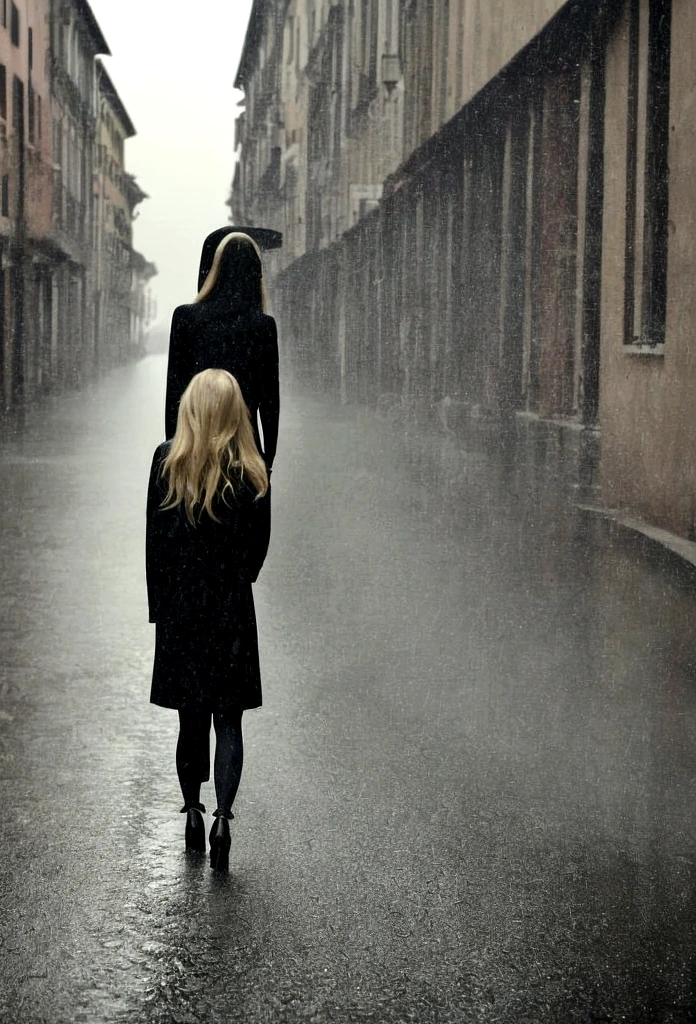 Mature woman in casual dress wet heels shoes looking behind the camera Female silver realistic wet hair with green eyes in the rain on a street in Rome