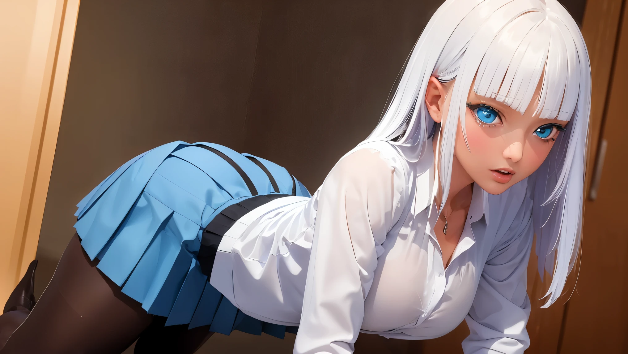 liliana 1girl, solo, long hair, looking at viewer, bangs, blue eyes, white hair, dark skin, blunt bangs, dark-skinned female,
BREAK ((collared shirt, (white shirt:1.2), long sleeves, pleated skirt, blue skirt, black pantyhose:1.5))
BREAK kneeling,indoors,implied fingering,fingering,hand under clothes,breast grab,pussy juice,heart,motion blur,panting,saliva,sound effects,
BREAK (masterpiece:1.2), best quality, high resolution, unity 8k wallpaper, (illustration:0.8), (beautiful detailed eyes:1.6), extremely detailed face, perfect lighting, extremely detailed CG, (perfect hands, perfect anatomy),