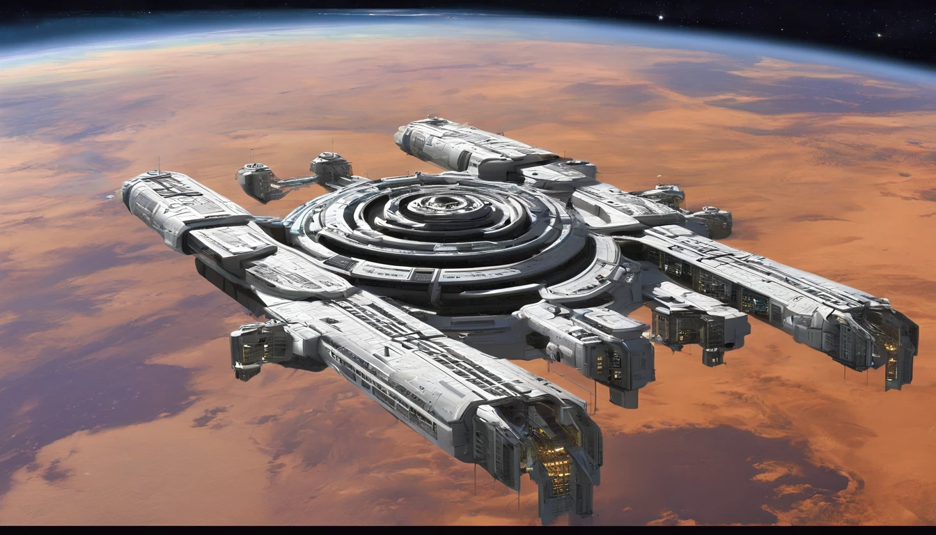 (((The space station is massively bigger than Babylon 5, but in the shape of Deep Space 9))). (((The space station has 6 O'Neal Class space stations off in 5 directions, & 1 down the middle))).There are hundreds of starships going to & fro, from the station, at any hour of the day. This station is a nod, to J. Michael Strazynski, H.G. Wells, Stanley Kubrick, & Norman Rockwell.