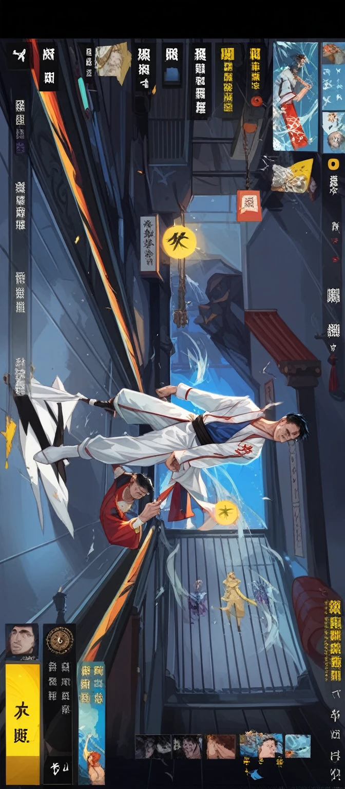 It is an elaborate and intricate fantasy portrait depicting a stout and determined seventeen-year-old man with an aura, a huge bright blue light behind him, bright black hair, dragons and phoenixes flying, golden light, Chinese martial arts style, realistic, ultra detail, 70mm lens.