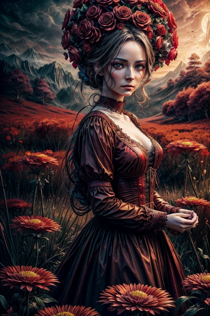 A demonic doll, red and golden flower fields, electric atmosphere, (best quality,4k,8k,highres,masterpiece:1.2),ultra-detailed,(realistic,photorealistic,photo-realistic:1.37),detailed face,beautiful detailed eyes,beautiful detailed lips,extremely detailed eyes and face,longeyelashes,porcelain skin,intricate details,dramatic lighting,moody atmosphere,vivid colors,glowing red and gold flowers,surreal landscape,cinematic composition,dark fantasy,gothic,occult,mystical,haunting,ominous