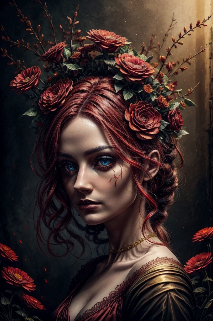 A demonic doll, red and golden flower fields, electric atmosphere, (best quality,4k,8k,highres,masterpiece:1.2),ultra-detailed,(realistic,photorealistic,photo-realistic:1.37),detailed face,beautiful detailed eyes,beautiful detailed lips,extremely detailed eyes and face,longeyelashes,porcelain skin,intricate details,dramatic lighting,moody atmosphere,vivid colors,glowing red and gold flowers,surreal landscape,cinematic composition,dark fantasy,gothic,occult,mystical,haunting,ominous