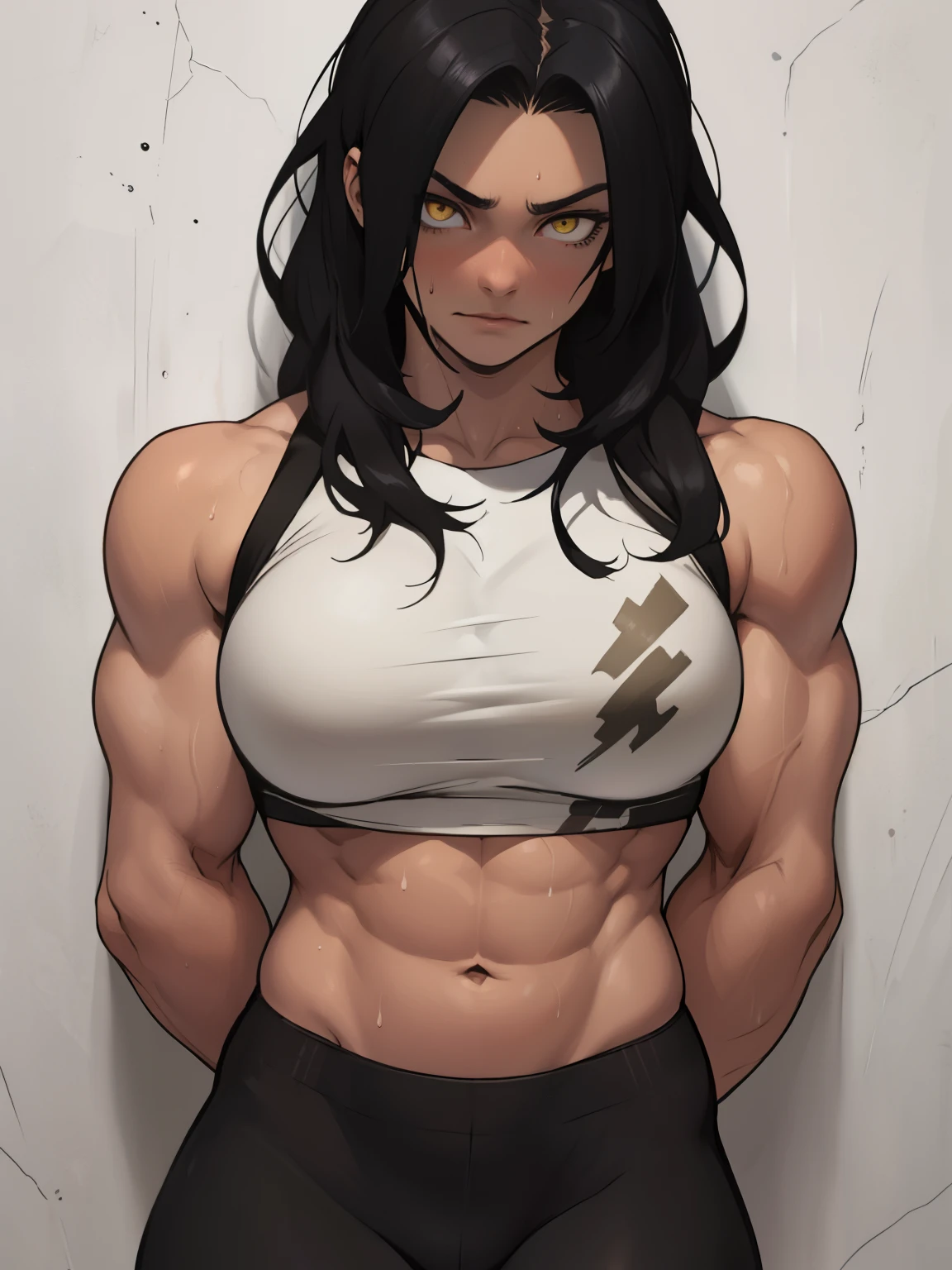 sad (((muscular girl large breasts thick))) pale skin black hair yellow eyes sweaty drop shadow waistup highly detailed detailed eyes detailed eyes detailed eyes