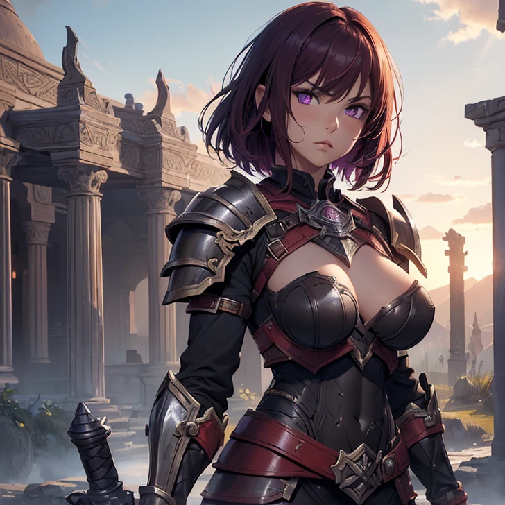 (absurdres, high fantasy artwork, best high quality image, carefuly detailed, very detailed features and textures, warcraft-aesthetic)
{{1character: barbarian girl, (scarlet red short hair, purple eyes with black pupils, very thin lips, white skin, wearing full armor), (full bulky knight armor, full bulky shoulder plates, full armored bulky-breast-plate-armor no revealing skin, full gauntlets plates, full elbow plates, full plate boots), (her weapon: broad sword on her back), (she looks: Confident pose, very serious face, no sense of humor), (Scenery: Wooden irish cotage with ancient Greek forniture and celtic forniture)}}