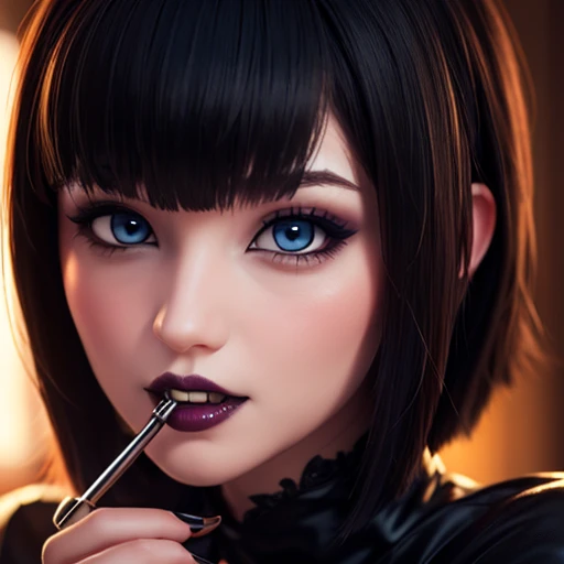Huge monster girl vampire, teeth fangs ,blue eyes short hair with bangs style bob perfect detailed perfect gothic makeup eyeliner voluminous lips upturned big tits, perfect face beautiful face and perverted look wiewer. Wallpaper