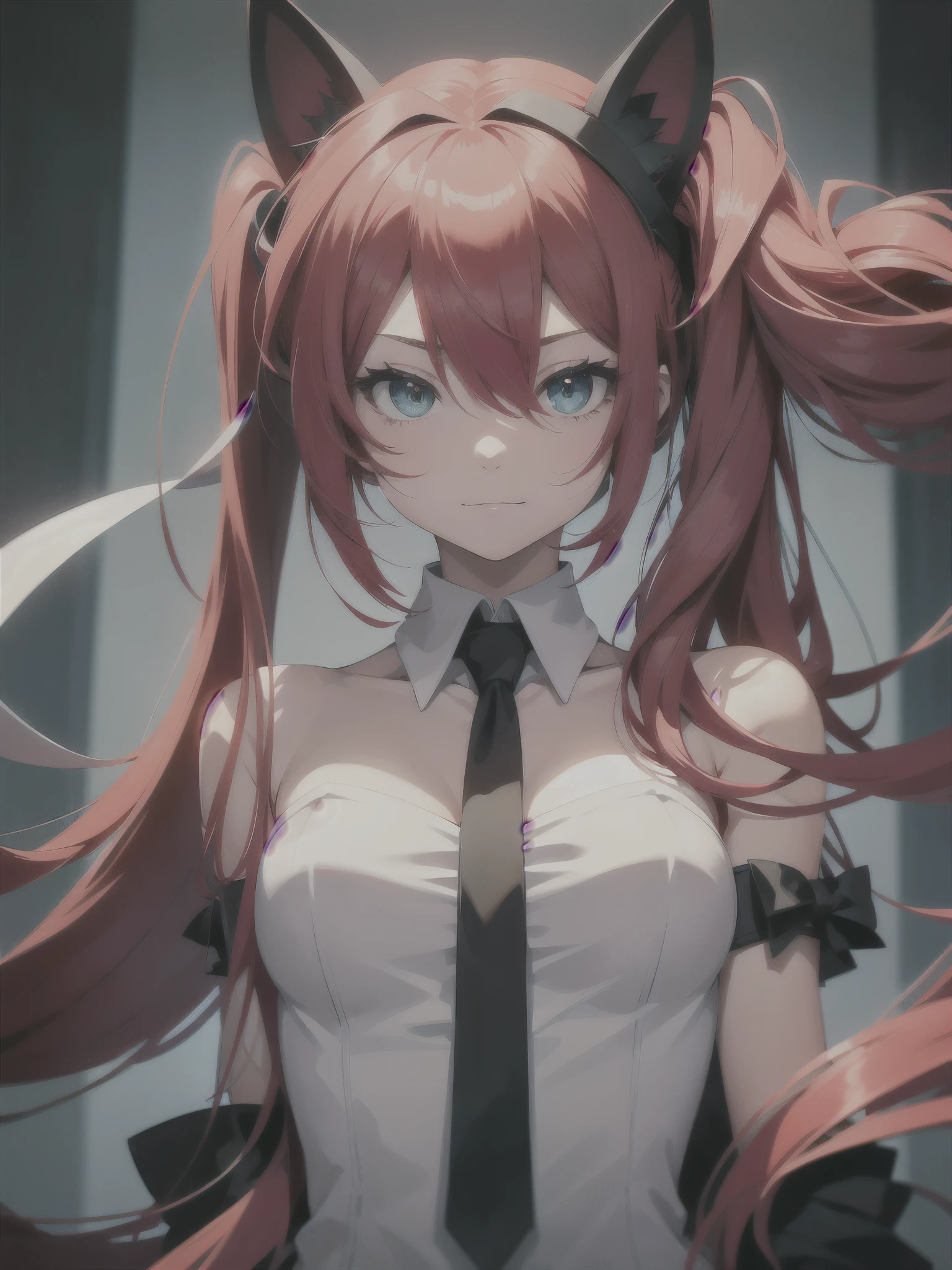 hatsune miku, red hair, psychopath face, blood, cat ears