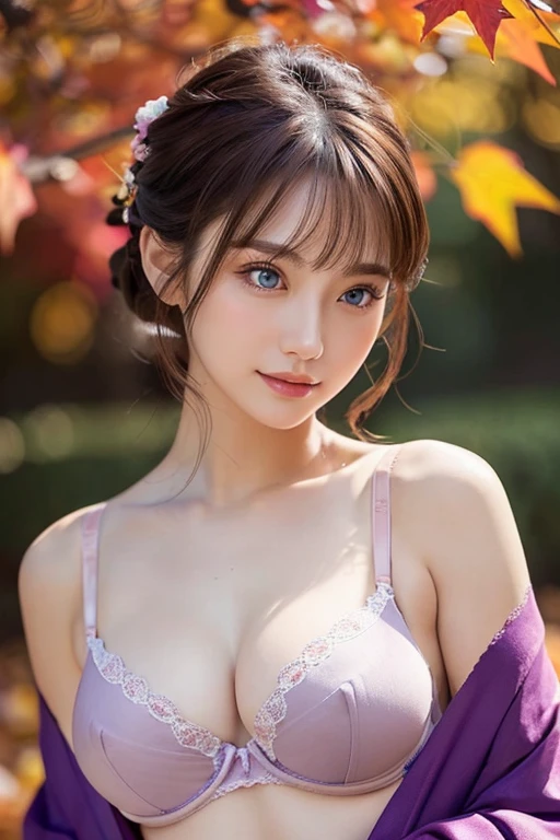 (Bra is visible:1.5)、(Nipples are visible:1.5)、(masutepiece:1.3, Photorealsitic:1.4, 8K), top-quality, ​masterpiece, 超A high resolution, Professional camera work, Grow Light Effect, Realistic portrait, Cinematic Light, Highly detailed skin and facial texture:1.3, Perfect dynamic composition, The ultra-detailed, A detailed eye, Detailed limbs, autumnal, Autumn leaves landscape in the evening:1.2, 1girl in, Cute sexy 23 year old slim woman, Fair skin, Autumn leaves are dancing:1.2, (Enraptured look:0.9, Totally captivates you:1.0), (Backshots, Calm pose), (Purple kimono:1.31 off shoulder), (voluptuous breasts:0.9), (Beautiful blue eyes, Eyes that feel beautiful eros:0.85), Sexy face:0.4, (A mouthfeel that feels beautiful eros:0.85), ((Too cute beauty:0.9))