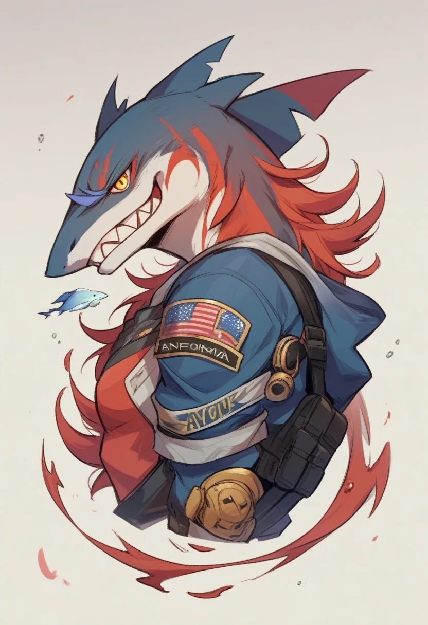 a cartoon shark with a gun and a call of duty jacket Venezuela flag, like a badass monster hunter, falco lombardi de starfox, Inspired by Ryusei Kishida, Furaffinity Commission, high resolution commission, High quality fanart, fursona art, great character design, an anthropomorphic cyberpunk fox, inspired by Kawabata Ryūshi