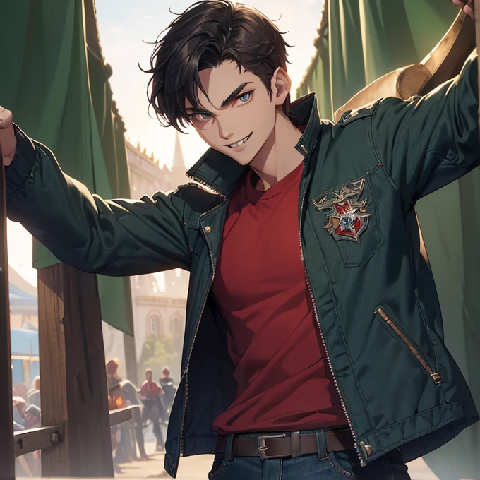 (absurdres, best high quality image, carefuly detailed features and textures, very detailed image, solo character alone, full character body and design, warcraft-stormwind-aesthetic): {{(1character: 25 years old civilian vampire boy), (pale-grey-skin, brown eyes with black pupils, slender body, black spiky short hair, black sharped eyebrows), (green open jacket, red t-shirt under the jacket blue jean pants, red sport shoes), (calm happy smile, relaxed cheerful expression, boxer fighting pose), (military knight garrison camp, full of weapons and blue tents)}}