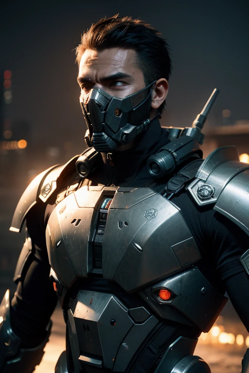 a lone warrior, mask, 1 male, highly detailed face, sharp eyes, intense expression, muscular, armored futuristic battle suit, advanced sci-fi weapon, post-apocalyptic wasteland, moody lighting, cinematic composition, digital painting, vibrant colors, dramatic contrast, photorealistic, hyper detailed, 8k, best quality