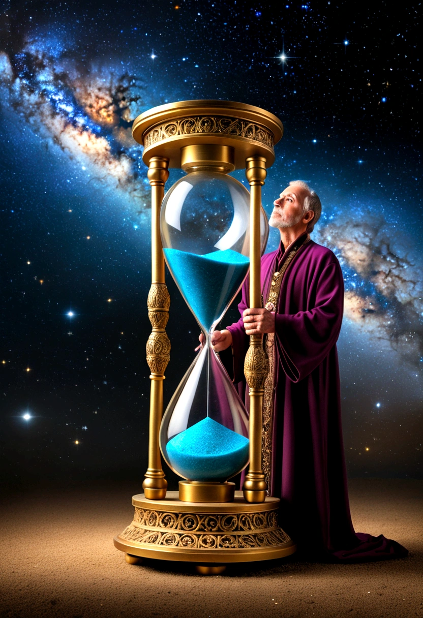 (Astrologer), An astrologer holds an hourglass and observes the passage of time, surrounded by the echoes of time, space, and history. The background is a twinkling galaxy, full body, (Photography), panoramic view, award-winning, cinematic still, emotional, vignette, dynamic, vivid, (masterpiece, best quality, Professional, perfect composition, very aesthetic, absurdres, ultra-detailed, intricate details:1.3)