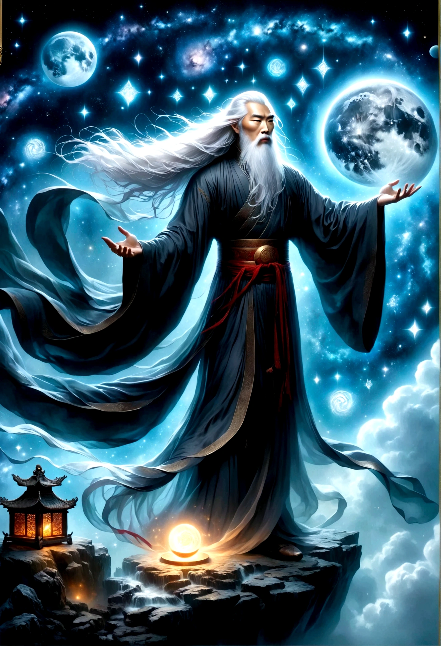 Chinese Mythology，Oriental Fortune Teller，Doho Sacrum，master，Old man standing on the edge of a cliff，With long white hair，Looking at the stars，Back contour，Black loose hanfu robe，Looking at the stars，Galaxy Tai Chi Bagua Diagram，artistic conception，large quantities of，Runes，Luminescence，Dream,Floating Planet，
