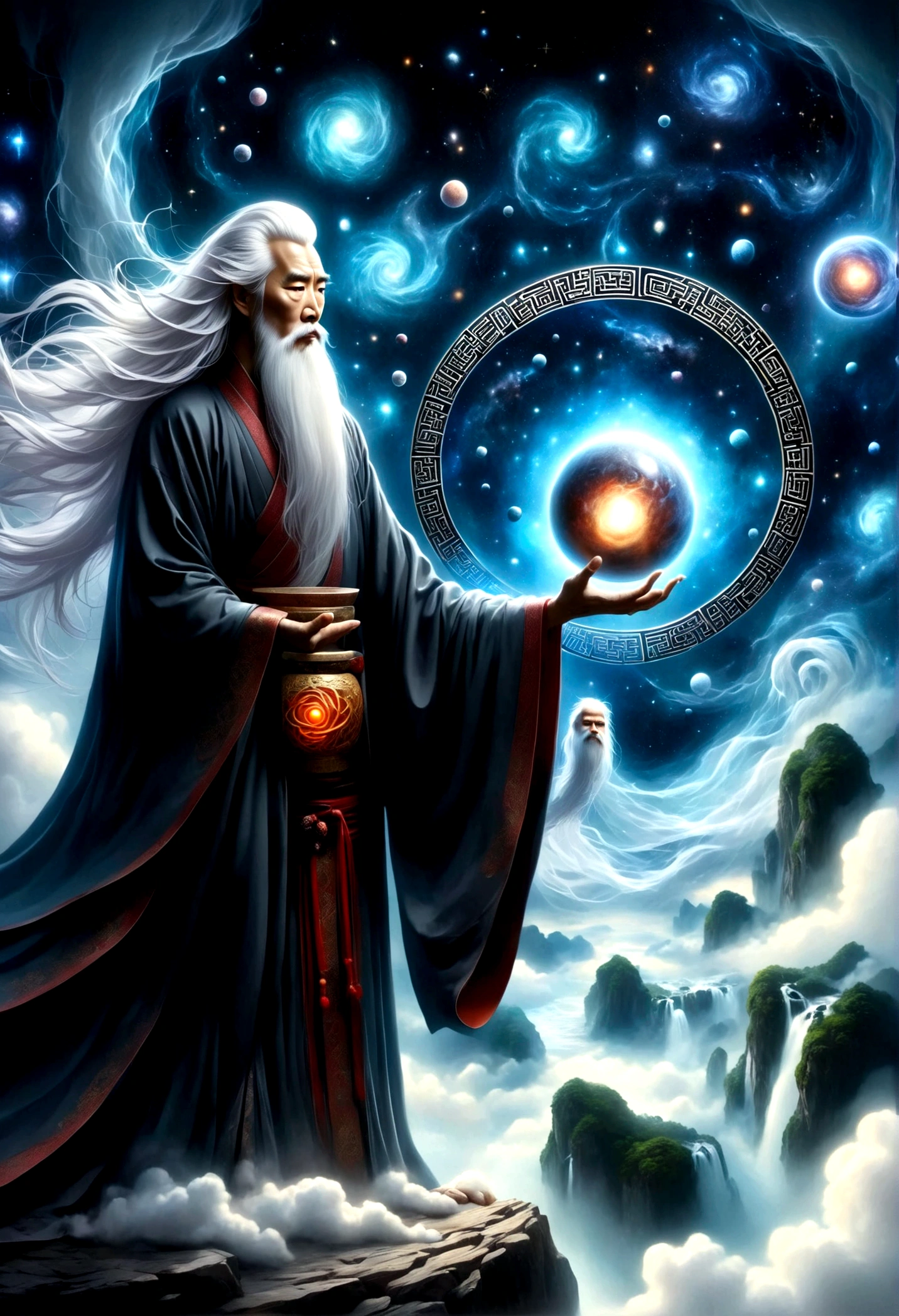 Chinese Mythology，Oriental Fortune Teller，Doho Sacrum，master，Old man standing on the edge of a cliff，With long white hair，Looking at the stars，Back contour，Black loose hanfu robe，Looking at the stars，Galaxy Tai Chi Bagua Diagram，artistic conception，large quantities of，Runes，Luminescence，Dream,Floating Planet，
