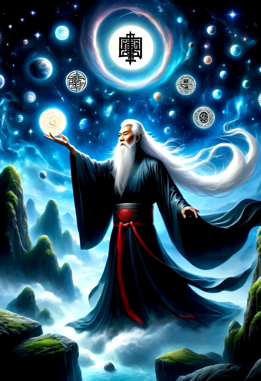 Chinese Mythology，Oriental Fortune Teller，Doho Sacrum，master，Old man standing on the edge of a cliff，With long white hair，Looking at the stars，Back contour，Black loose hanfu robe，Looking at the stars，Galaxy Tai Chi Bagua Diagram，artistic conception，large quantities of，Runes，Luminescence，Dream,Floating Planet，
