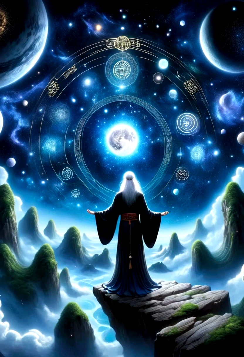 Chinese Mythology，Oriental Fortune Teller，Doho Sacrum，master，Old man standing on the edge of a cliff，With long white hair，Looking at the stars，Back contour，Black loose hanfu robe，Looking at the stars，Galaxy Tai Chi Bagua Diagram，artistic conception，large quantities of，Runes，Luminescence，Dream,Floating Planet，
