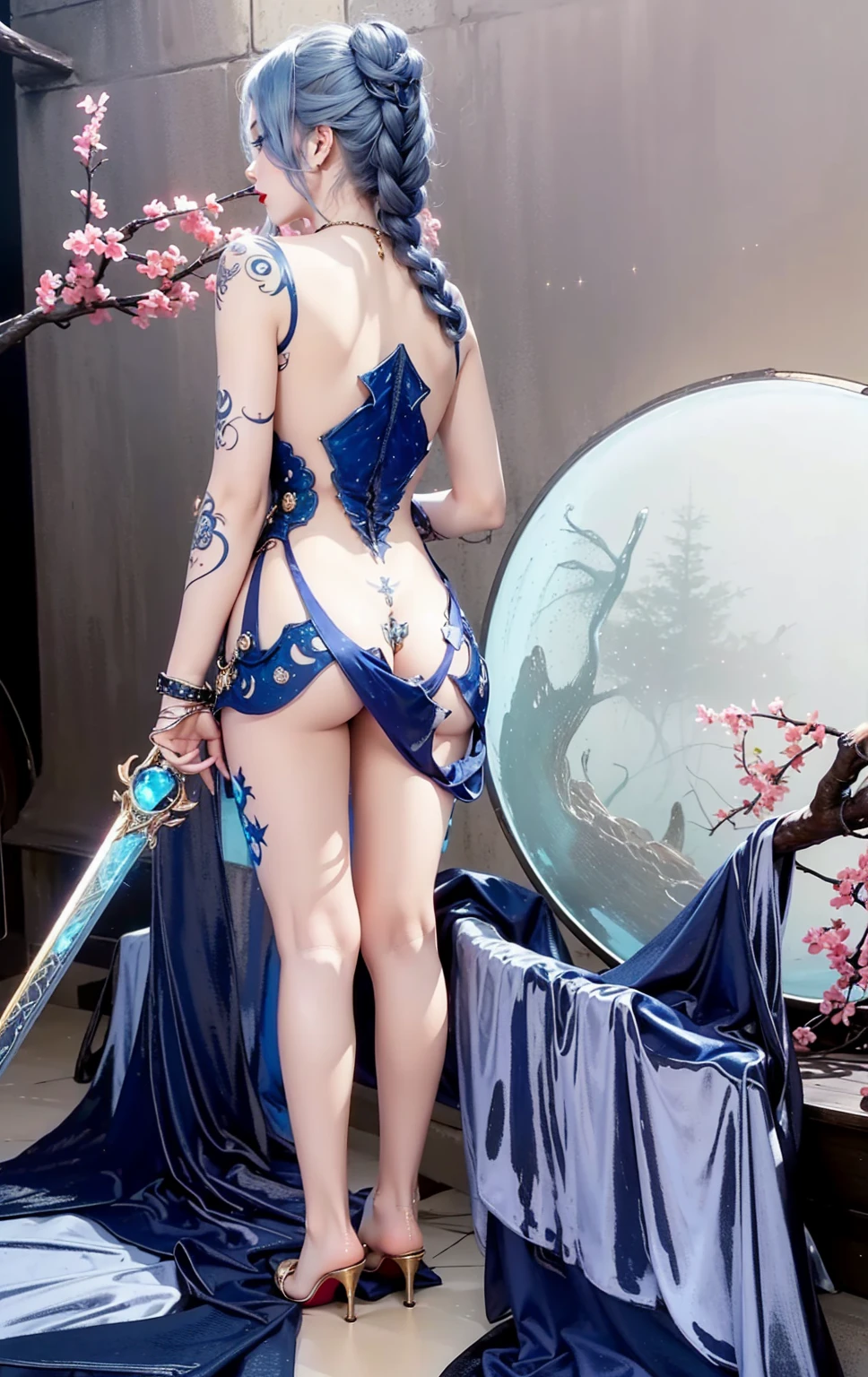 Detailed image quality,Witch Pandora,wing, Succubus Theme,堕落Angel,Excellent,scary,Secret Terror,Tentacles,With eyes,Uncanny Valley Effect,Beast Blood Moon,skeleton,vampire,Hellfire,Dark Queen,Angel,magician magic witch,Angel,Eyes are blue(Pupils as deep as the starry sky),Gorgeous tattoo designs all over the body,Surreal photos(8K picture quality,Rich in details),Dark eyeshadow,Sexy thick lips(Red lipstick),Tattoo designs on body,Dark Queen,Wear luxurious gold jewelry,Sparkling diamond gemstone,Back,high-heel boots