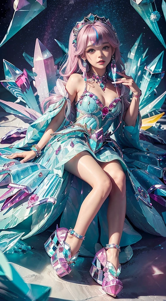 (Masterpiece), (Best quality), Extremely detailed, illustration, ((1girll)), (colorful crystals:1.5),(Wear crystal shoes:1.5),(colorfulhair:1.2),(Colorful dresses),High chiaroscuro,(full bodyesbian:1.5) baby baby chibi anime scattered crystals baby face angel wings