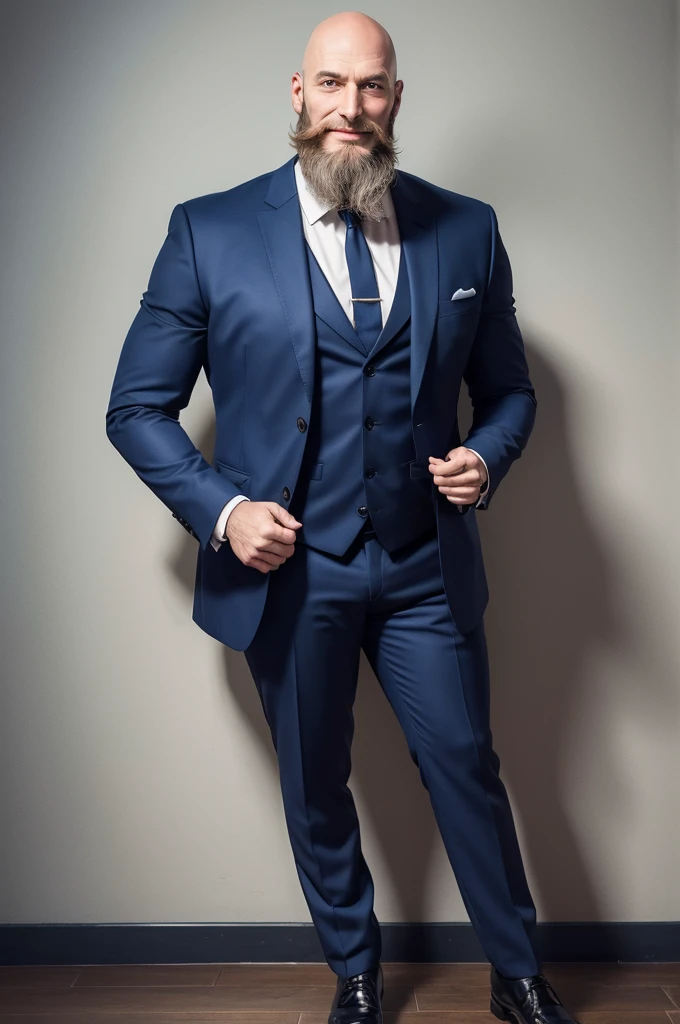 A very tall man,bald and has a long beard,have a beatiful smile, wearing a dark blue suit, wearing big shoes