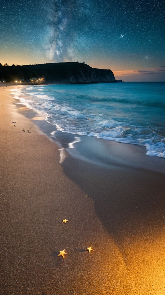 Create a realistic, photo-like wide 16:9 image of a seaside view with a breathtaking starry sky. The scene should capture the serene and magical atmosphere of the beach at night, with countless stars twinkling brightly above. The soft glow of the stars should reflect on the calm surface of the water and the sandy shore, creating an enchanting and peaceful mood. Emphasize the natural beauty of the starry night and the tranquility of the seaside.