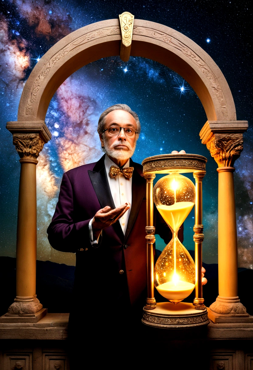(Astrologer), An astrologer is exploring an ancient ruins, surrounded by ancient stone pillars and murals with starry sky patterns. The background is a twinkling galaxy, full body, (Photography), panoramic view, award-winning, cinematic still, emotional, vignette, dynamic, vivid, (masterpiece, best quality, Professional, perfect composition, very aesthetic, absurdres, ultra-detailed, intricate details:1.3)
