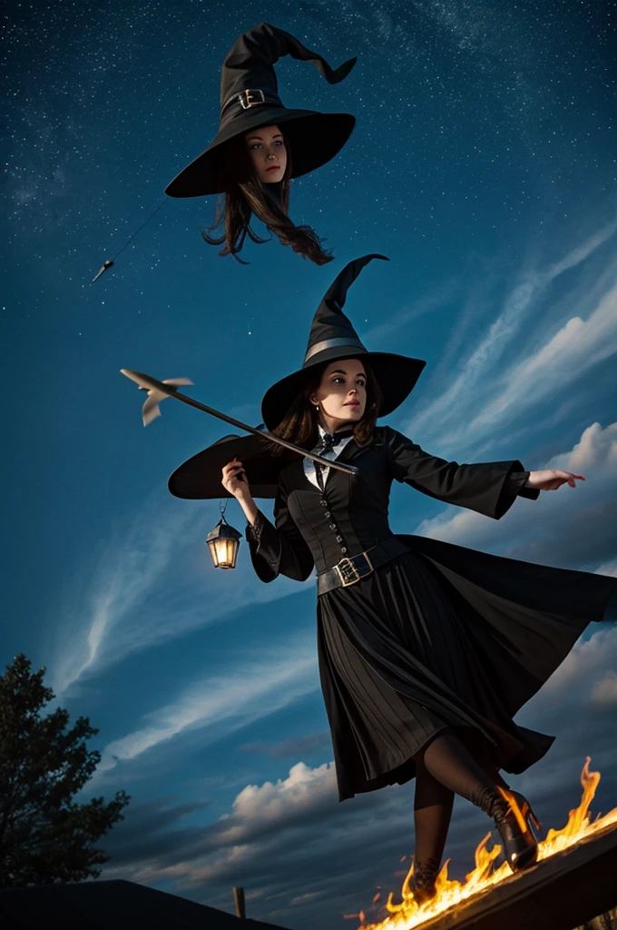 a witch in a black suit and hat flying through the skies on her broom