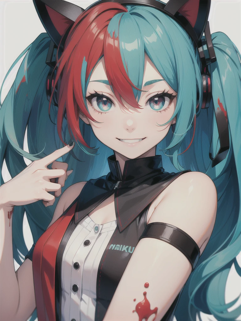 hatsune miku with red hair, psychopath face, blood, cat ears, smiling