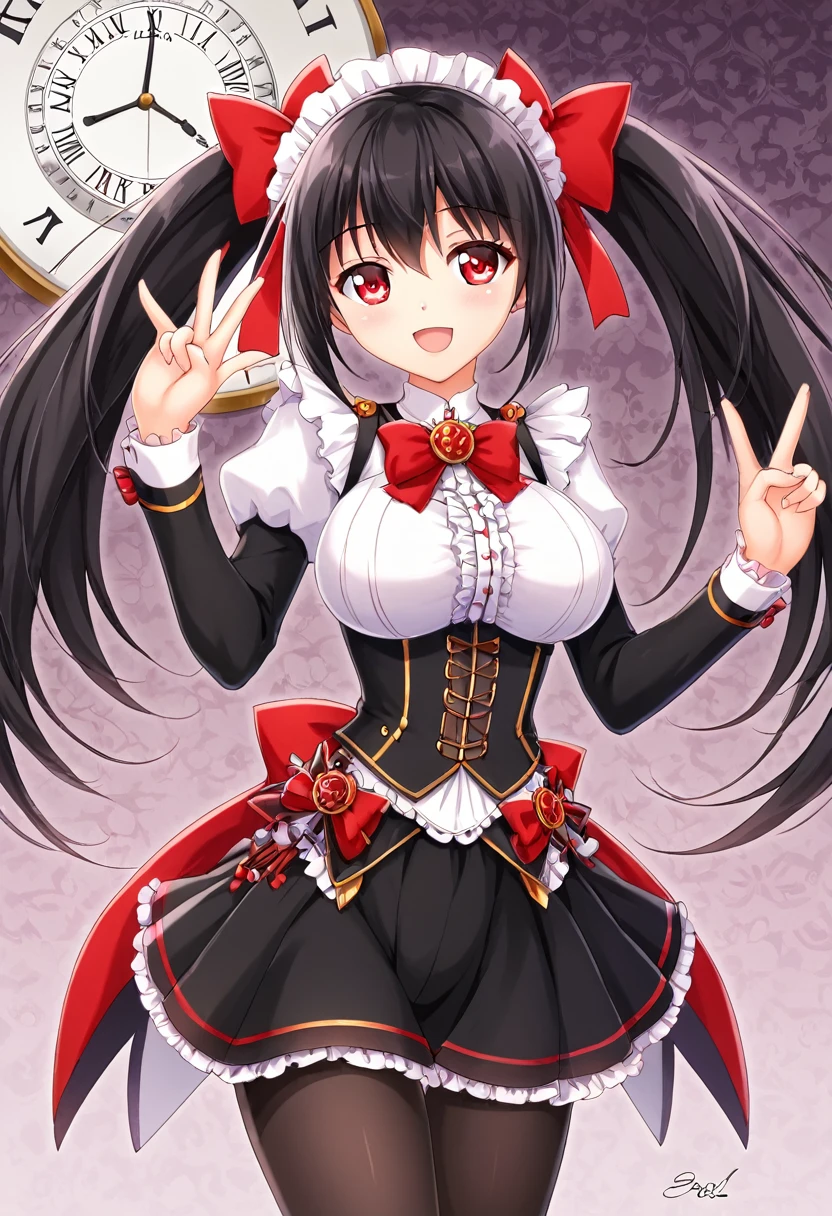 kurumitokisaki, tokisaki kurumi, (Clock Eye:1.5), Black Hair, Long Hair, Twin tails, (Hair on one eye:1.3), (Red eyes:1.5), (Large Breasts:1.4), A proud smile, Gothic, pantyhose, black pantyhose, (Cowboy Shot:1.5),(masterpiece:1.2), Highest quality, High resolution, unity 8k wallpaper, (figure:0.8), (Beautiful attention to detail:1.6), Highly detailed face, Perfect lighting, Highly detailed CG, (Perfect hands, Perfect Anatomy), cute