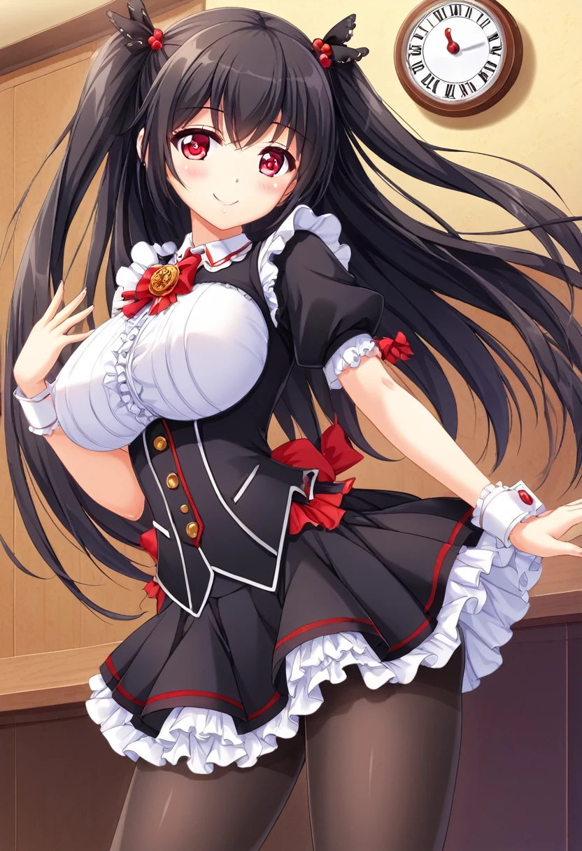 kurumitokisaki, tokisaki kurumi, (Clock Eye:1.5), Black Hair, Long Hair, Twin tails, (Hair on one eye:1.3), (Red eyes:1.5), (Large Breasts:1.4), A proud smile, Gothic, pantyhose, black pantyhose, (Cowboy Shot:1.5),(masterpiece:1.2), Highest quality, High resolution, unity 8k wallpaper, (figure:0.8), (Beautiful attention to detail:1.6), Highly detailed face, Perfect lighting, Highly detailed CG, (Perfect hands, Perfect Anatomy), cute