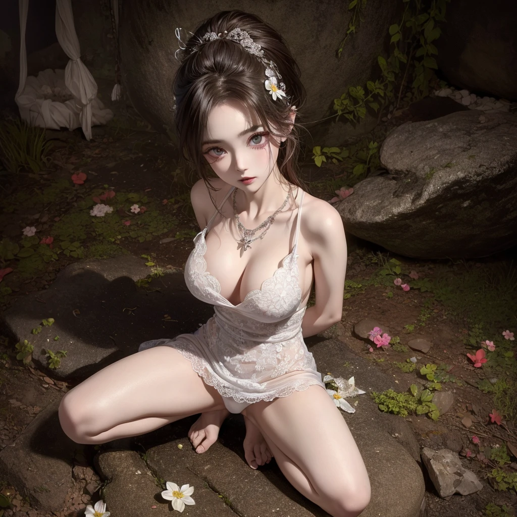 (msterpiece:1.3), (8k, RAW photo, best quality: 1.4), beautiful face, beautiful hairstyle, beautiful detailed eyes, beautiful skin, absurdres, attractive, ultra high res, highly detailed,NSFW, 1 girl in abandoned underground basement, big breast,facial close up,necklace,arms behind back,evil smile,knife,light long hair, ultra detailed skin,Heavy makeup, flower hairpin, naked,colorful patterned lace dress, dirty ground,on a rock,bondage,dirty rock,half body,spread legs, exposed pussy,