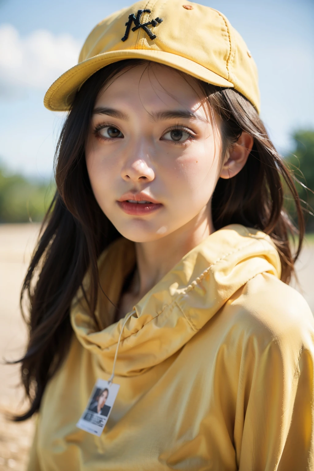 young adult, mid-twenties, female ginger, camera around neck, wearing yellow jumper, yellow baseball cap, character design, character animation, Kentaro Miura style, beautiful natural lighting, volumetric lighting, girl, depth of field, first-person view, f/1.8, 135mm, Nikon, UHD, retina, masterpiece, ccurate, anatomically correct, textured skin, super detail, high details, high quality, best quality, highres, 1080P, HD, 4K, 8k
