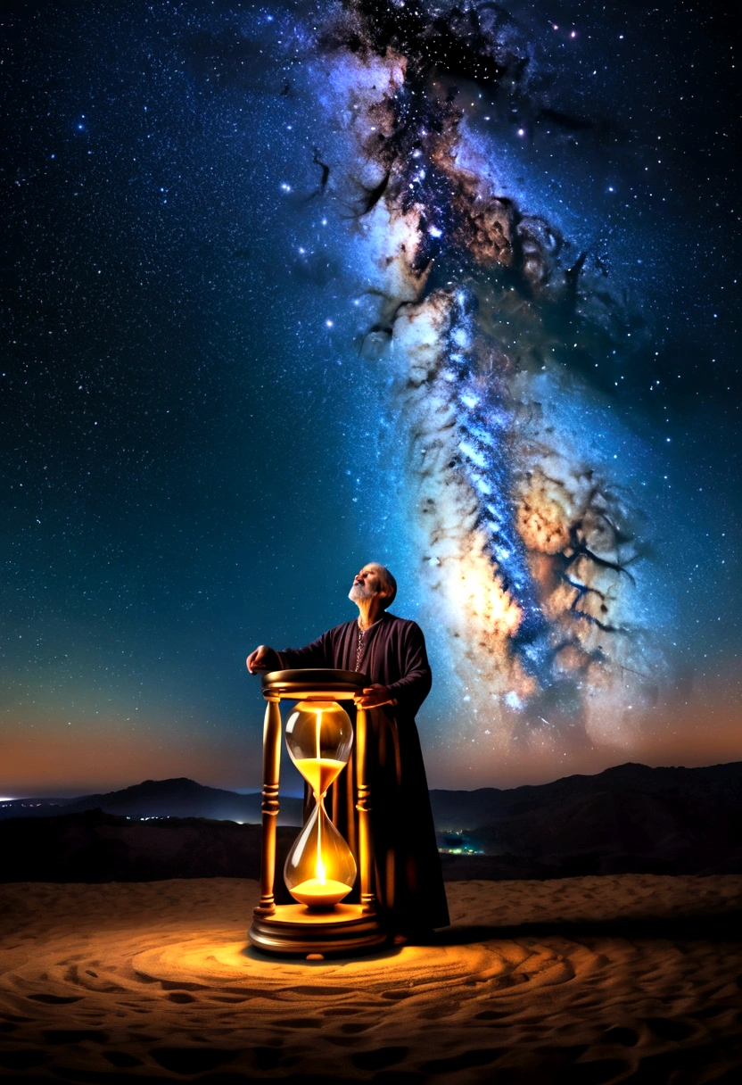 (Astrologer), An astrologer holds an hourglass and observes the passage of time, surrounded by the echoes of time, space, and history. The background is a twinkling galaxy, full body, (Photography), panoramic view, award-winning, cinematic still, emotional, vignette, dynamic, vivid, (masterpiece, best quality, Professional, perfect composition, very aesthetic, absurdres, ultra-detailed, intricate details:1.3)