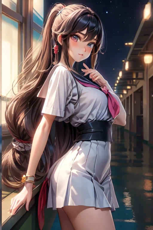 ((best quality)), ((Masterpiece)), (details:1.4), 3d, delicate big eyes，The clothes are tight.，detailsของรูม่านตาสีดำขนาดใหญ่，high school girl, fierce girl , long hair, long hair, Shiny skin,  fine hair, ใบหน้าที่มีdetails, (beautiful scenery), school hallway, at night