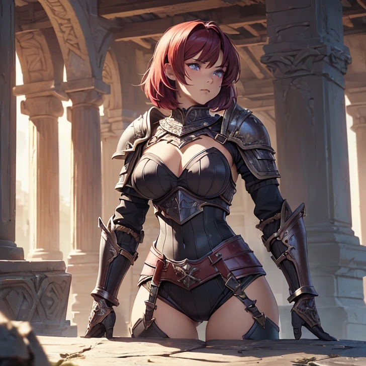 (absurdres, high fantasy artwork, best high quality image, carefuly detailed, very detailed features and textures, warcraft-aesthetic)
{{1character:  barbarian girl, (scarlet red short hair, purple eyes with black pupils, very thin lips, white skin, wearing full armor), (full bulky knight armor, full bulky shoulder plates, full armored bulky-breast-plate-armor-no revealing-skin, full gauntlets plates, full elbow plates, full plate boots), (her weapon: broad sword on her back), (she looks: Confident pose, very serious face, no sense of humor), (Scenery: Wooden irish cotage with ancient Greek forniture and celtic forniture)}}